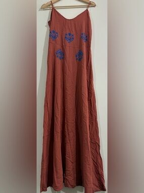 SACK'S Women’s Rust Red Maxi Dress with Blue Embroidery